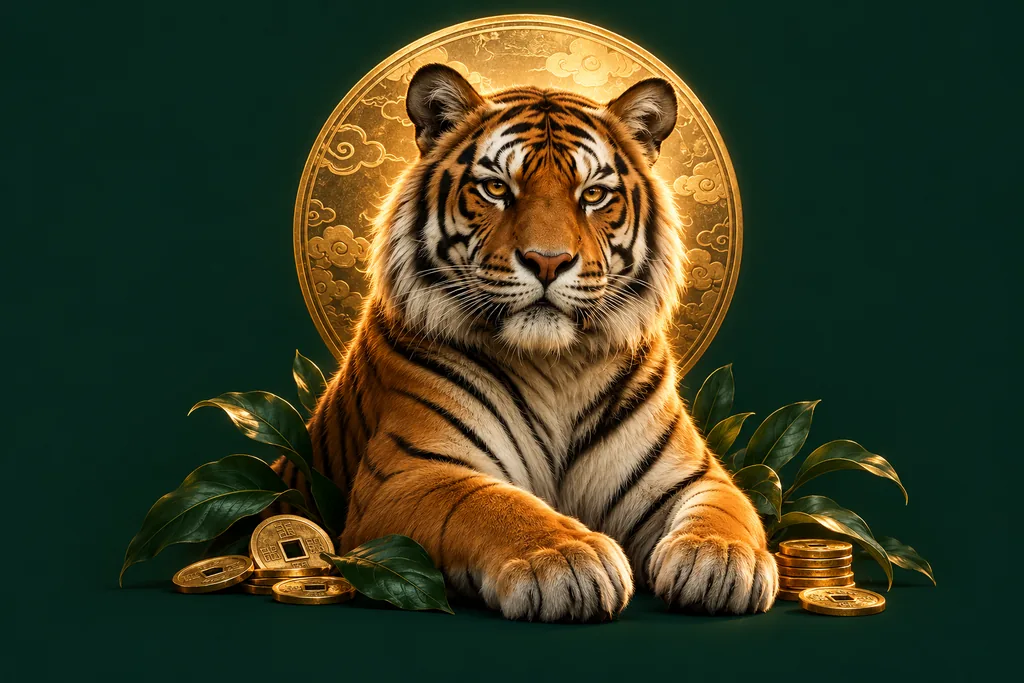 Ilustração original de um tigre adulto diante de um medalhão dourado